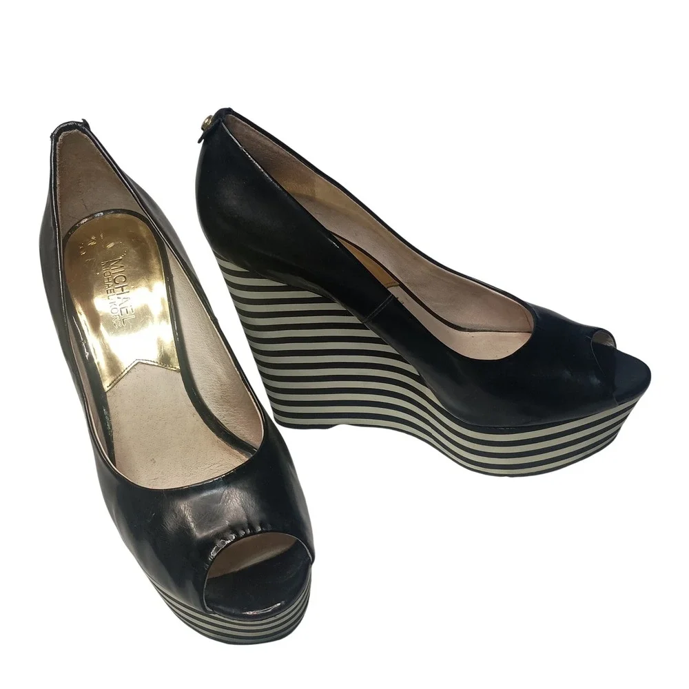 Michael Kors Adalia Peep Black Patent Leather Stripe Detail Wedge Heels SKUW669 - Picture 1 of 7